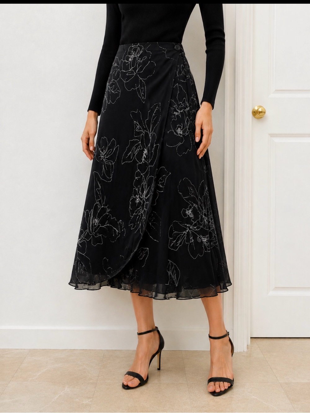 Alfani Black Floral Silk Wrap Skirt – Size 16